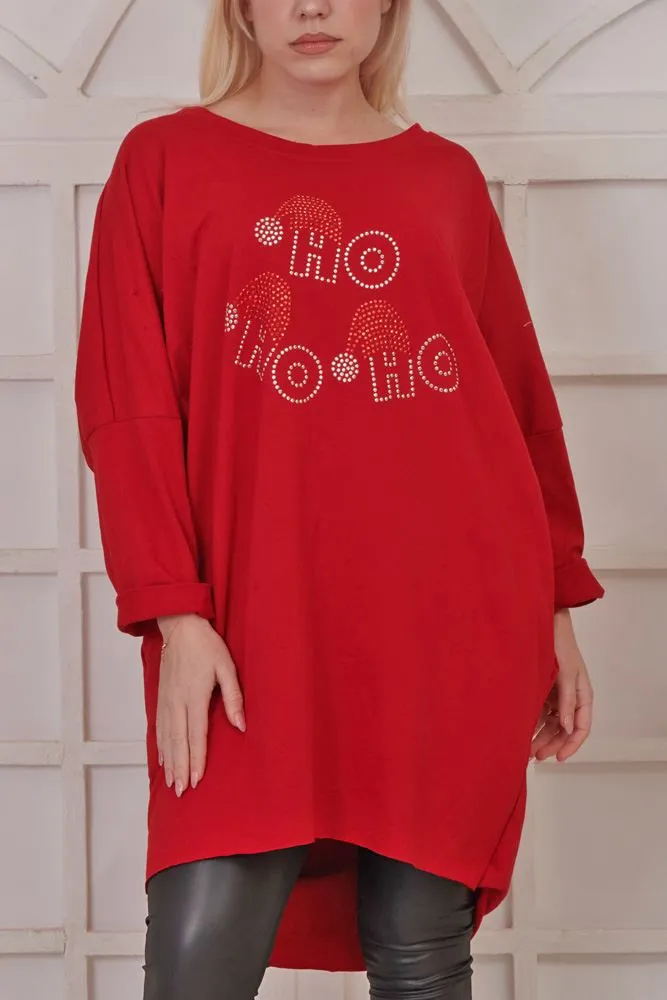 Diamante Santa Hat Motif XMAS Dipped Hem Cotton Top