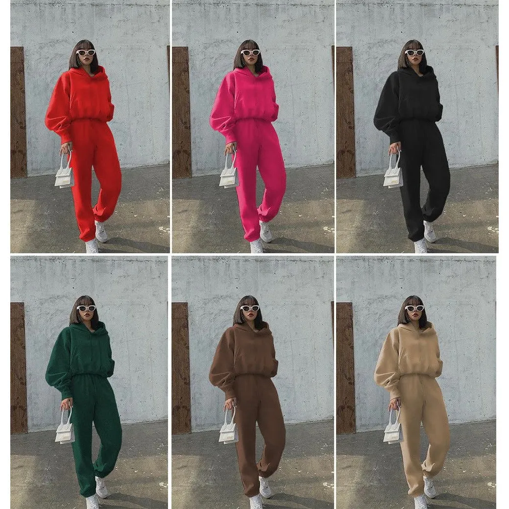 Drawstring Hoodie Crop Top & Jogger Pants