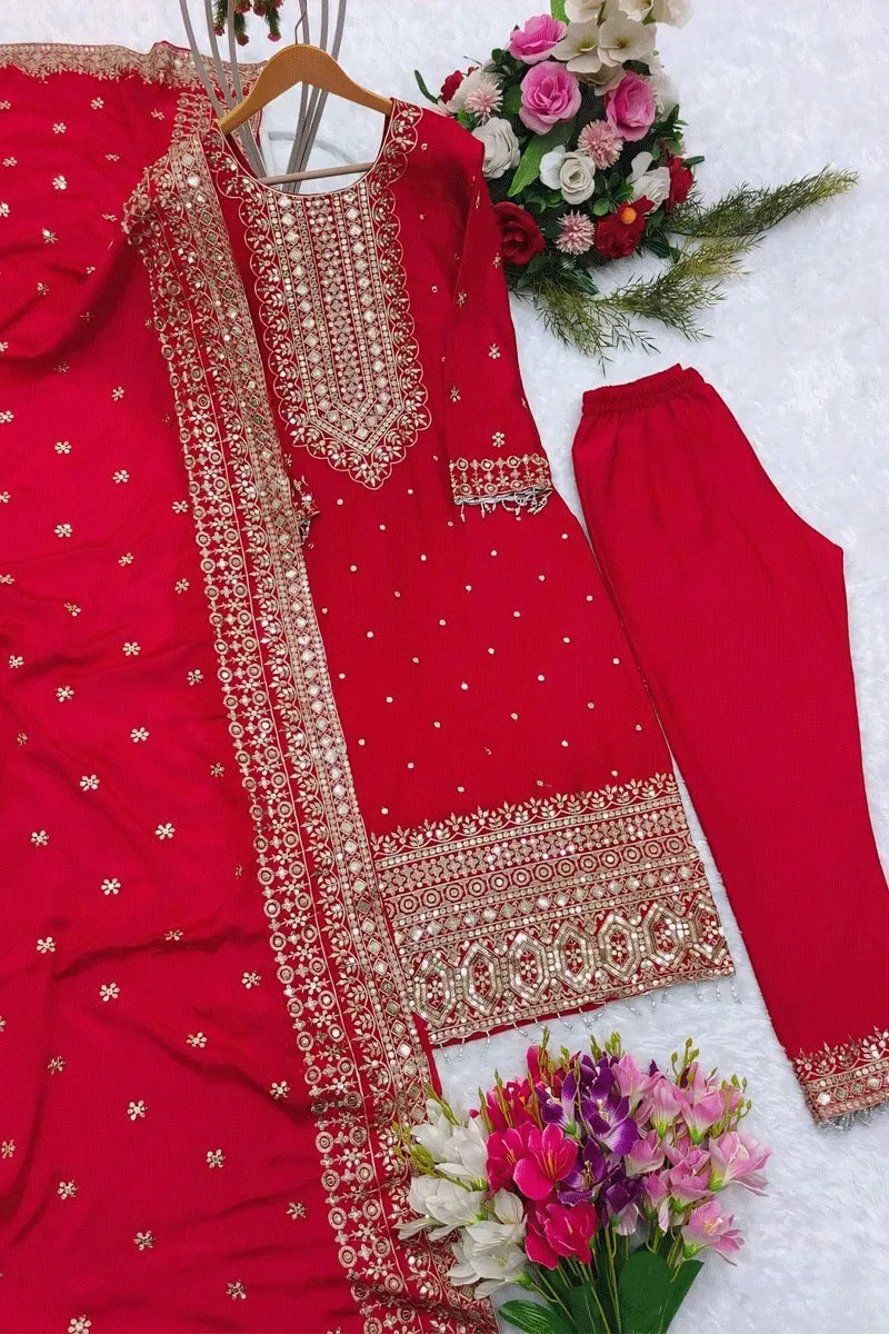Embroidery Work Red Dress For Karwa Chauth