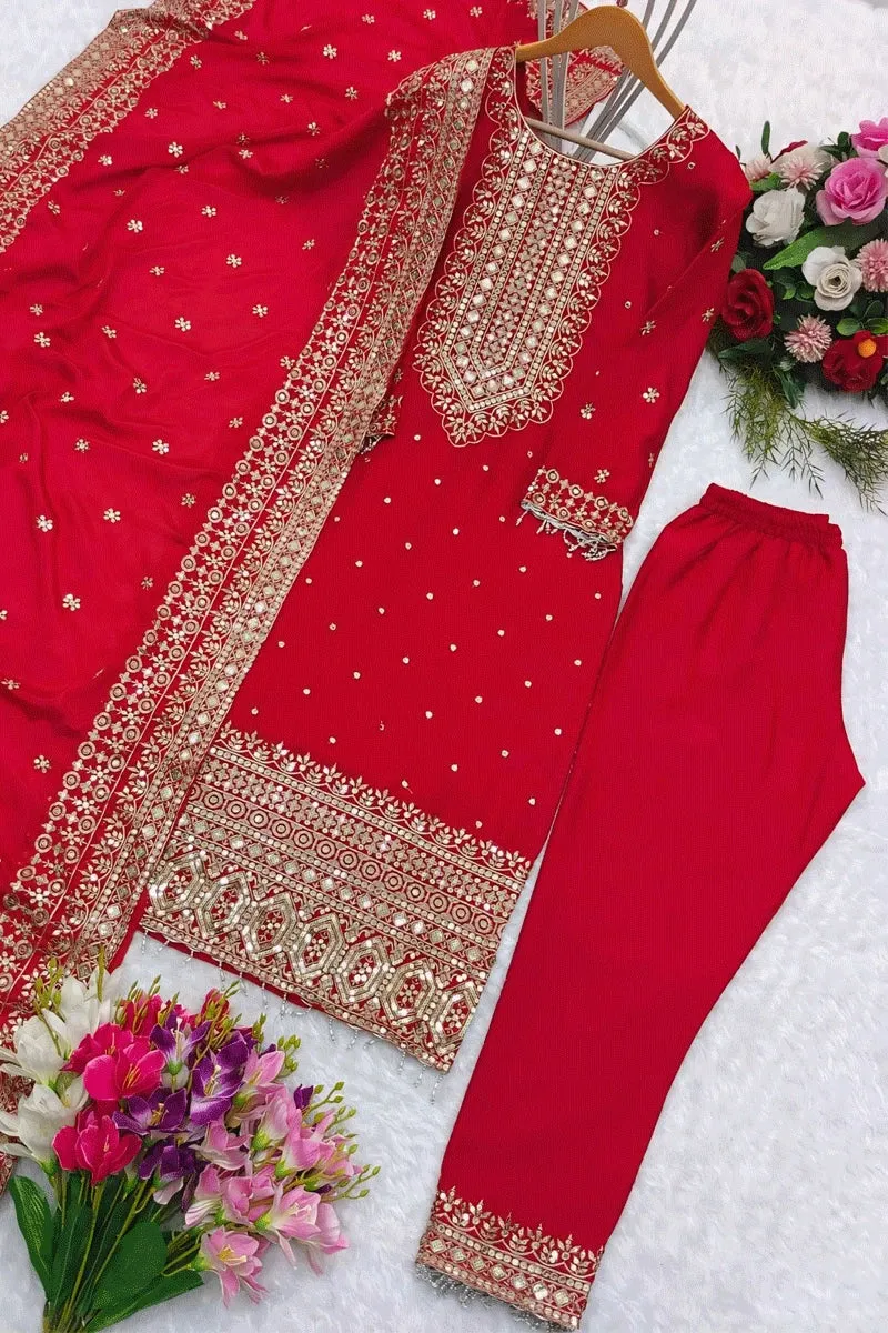 Embroidery Work Red Dress For Karwa Chauth