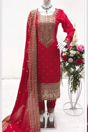 Embroidery Work Red Dress For Karwa Chauth