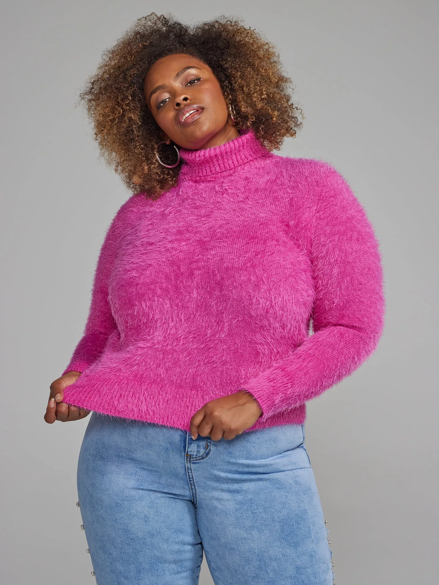 Fashion To Figure - Turtleneck Open Back Fuzzy Knit Sweater