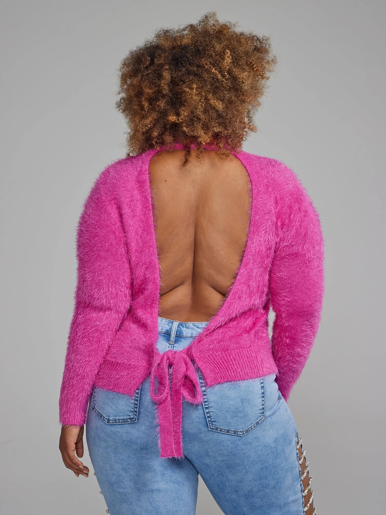 Fashion To Figure - Turtleneck Open Back Fuzzy Knit Sweater