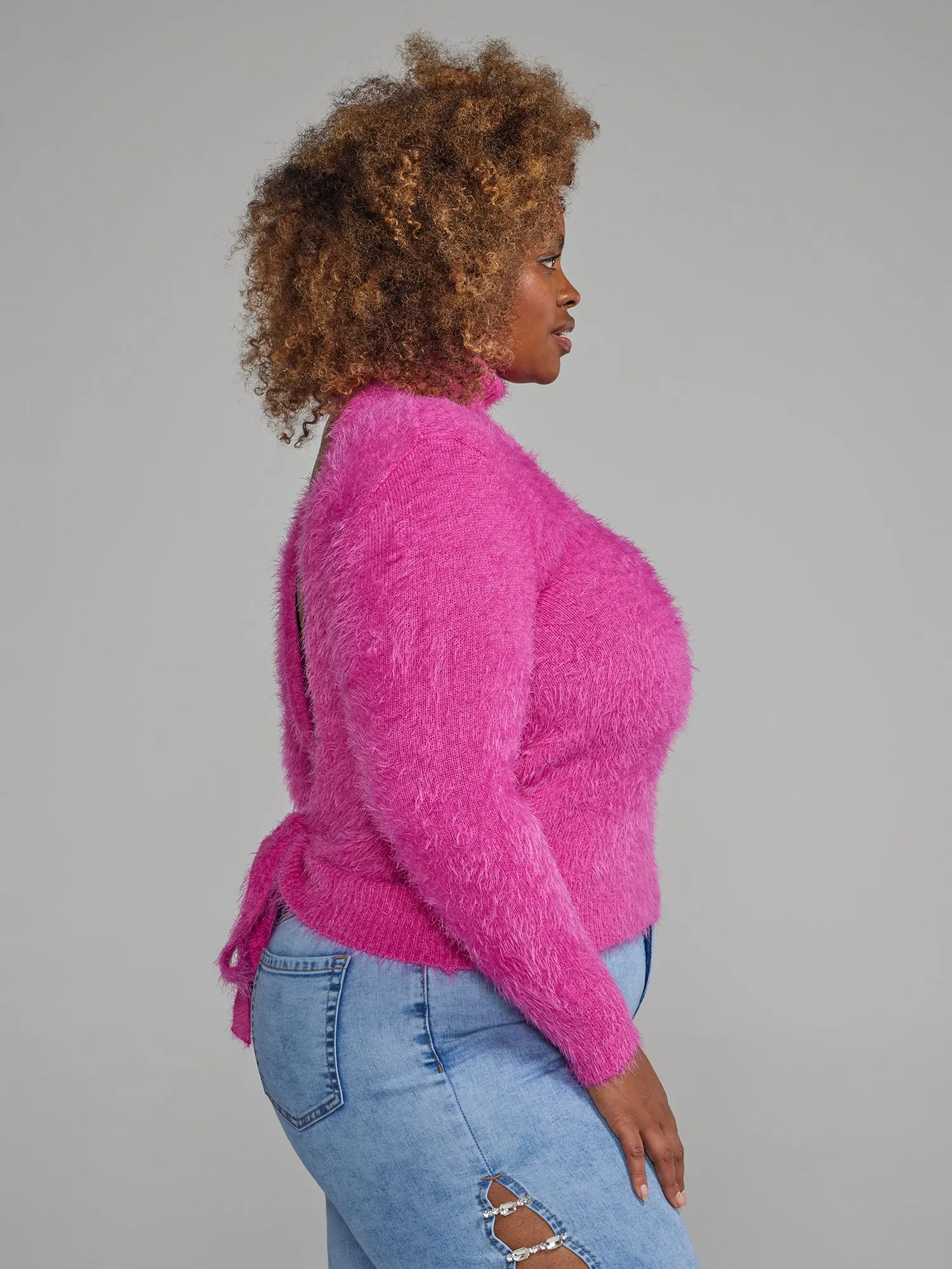 Fashion To Figure - Turtleneck Open Back Fuzzy Knit Sweater
