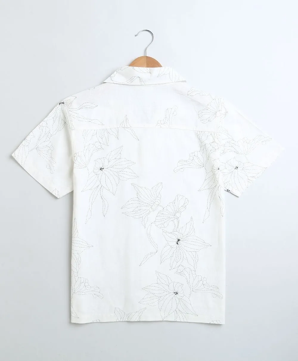 Father-Son Twinning Floral Print Viscose Linen Blend Casual Shirt