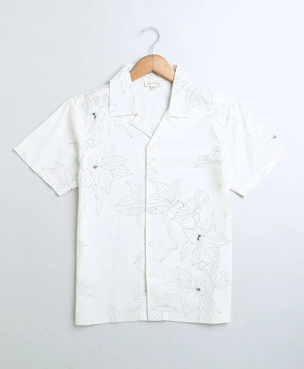 Father-Son Twinning Floral Print Viscose Linen Blend Casual Shirt