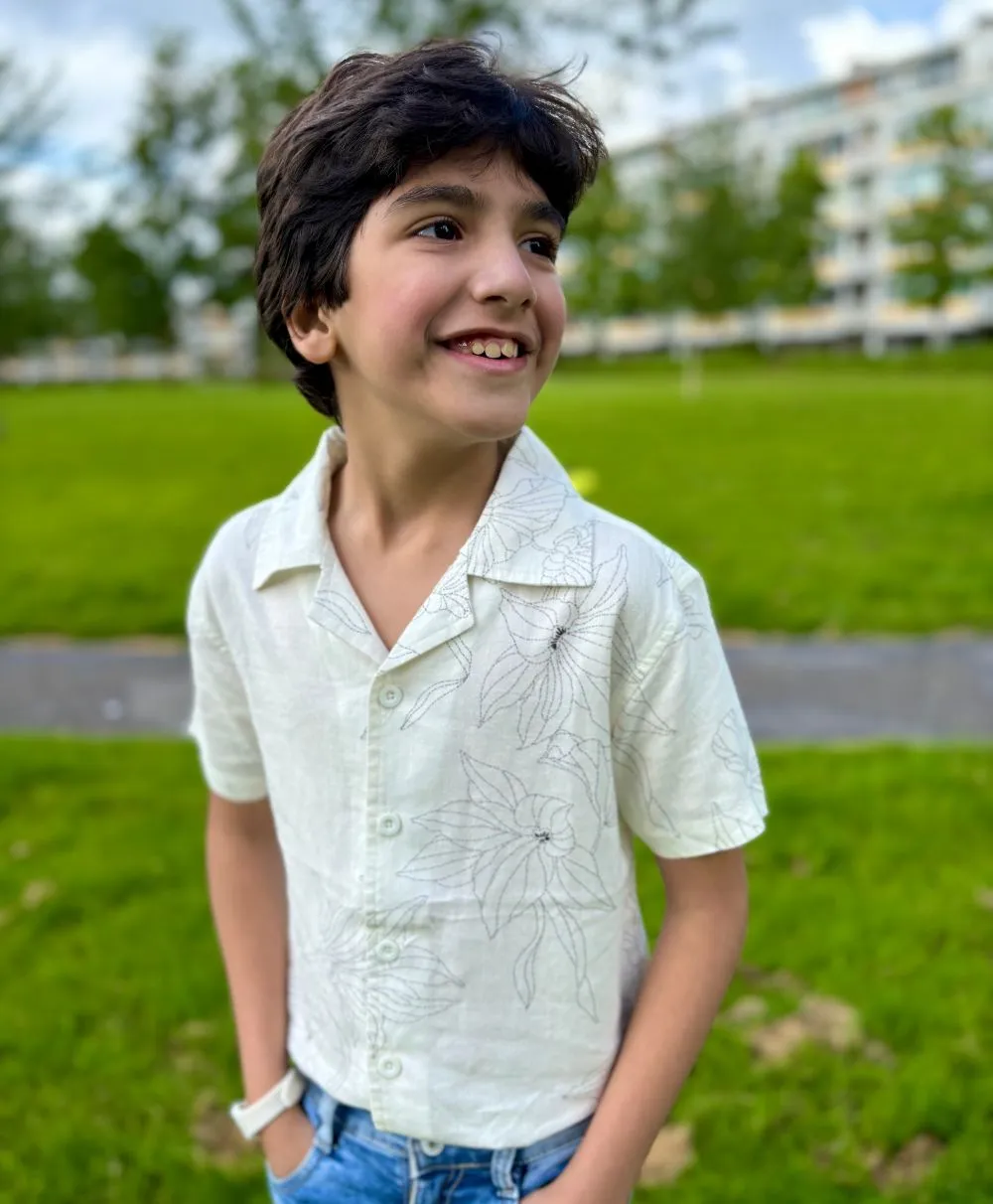 Father-Son Twinning Floral Print Viscose Linen Blend Casual Shirt