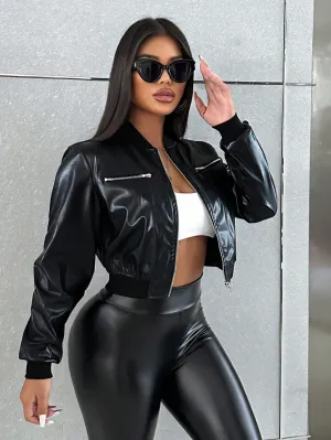 Foxxy Women's High-End Streetwear PU Leather Baseball Jacket with Zipper, Chic Cropped Design