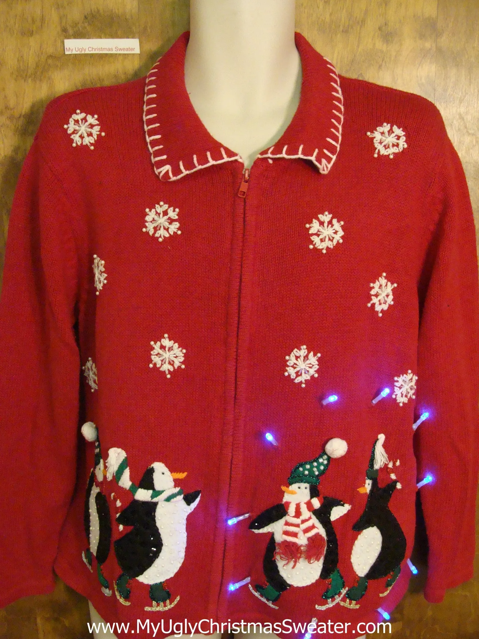 Funny Ice Skating Penguins Light Up Ugly Christmas Jumper