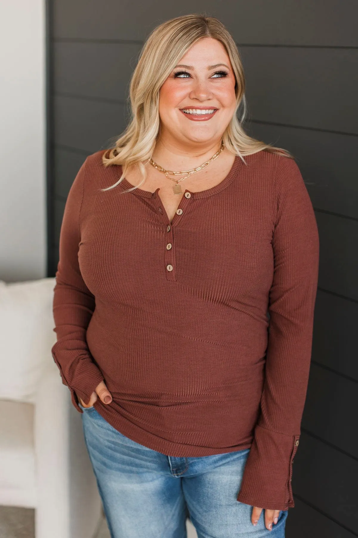 Give Your Best Henley Top- Red Brown
