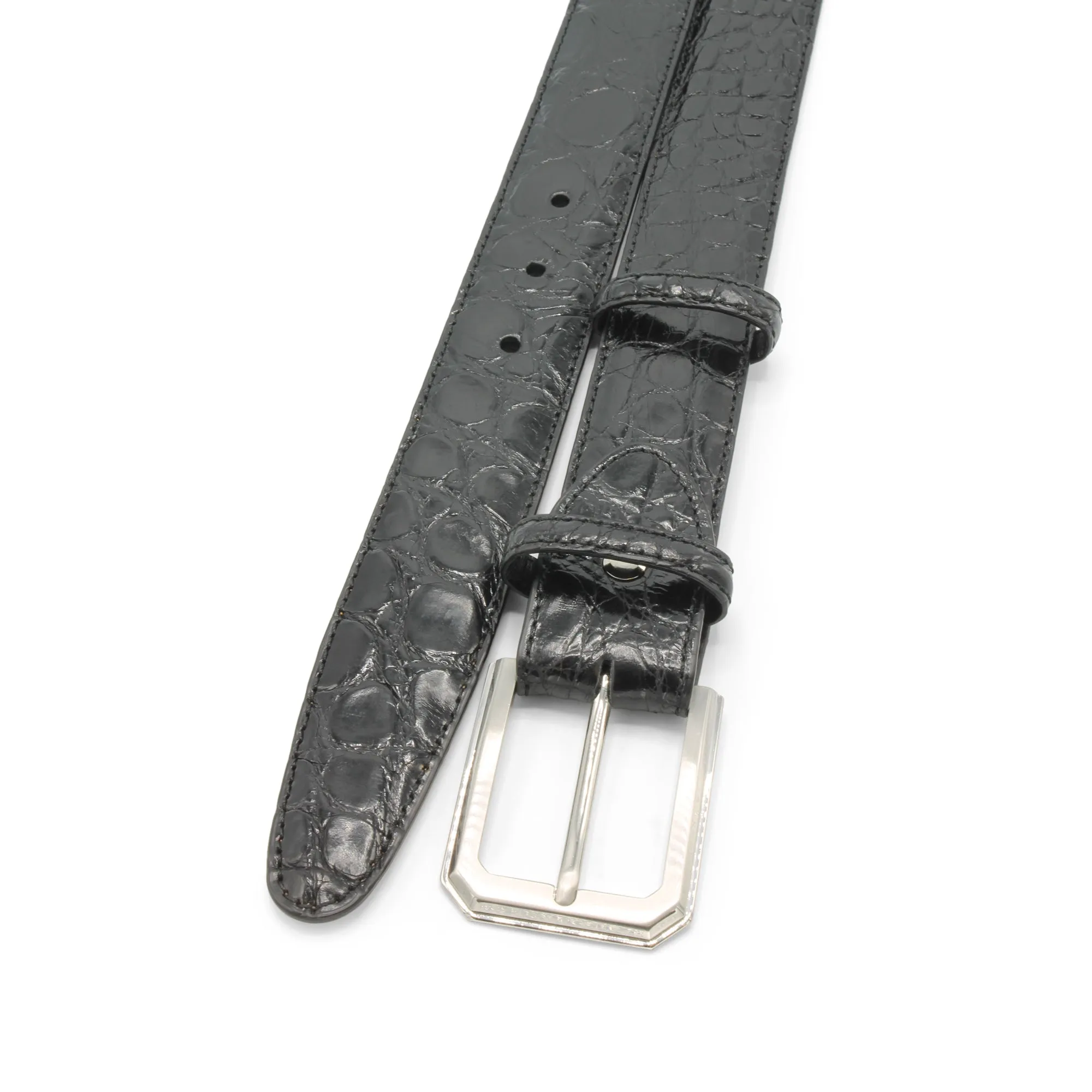 Glazed Black Genuine Crocodile Flank Belt
