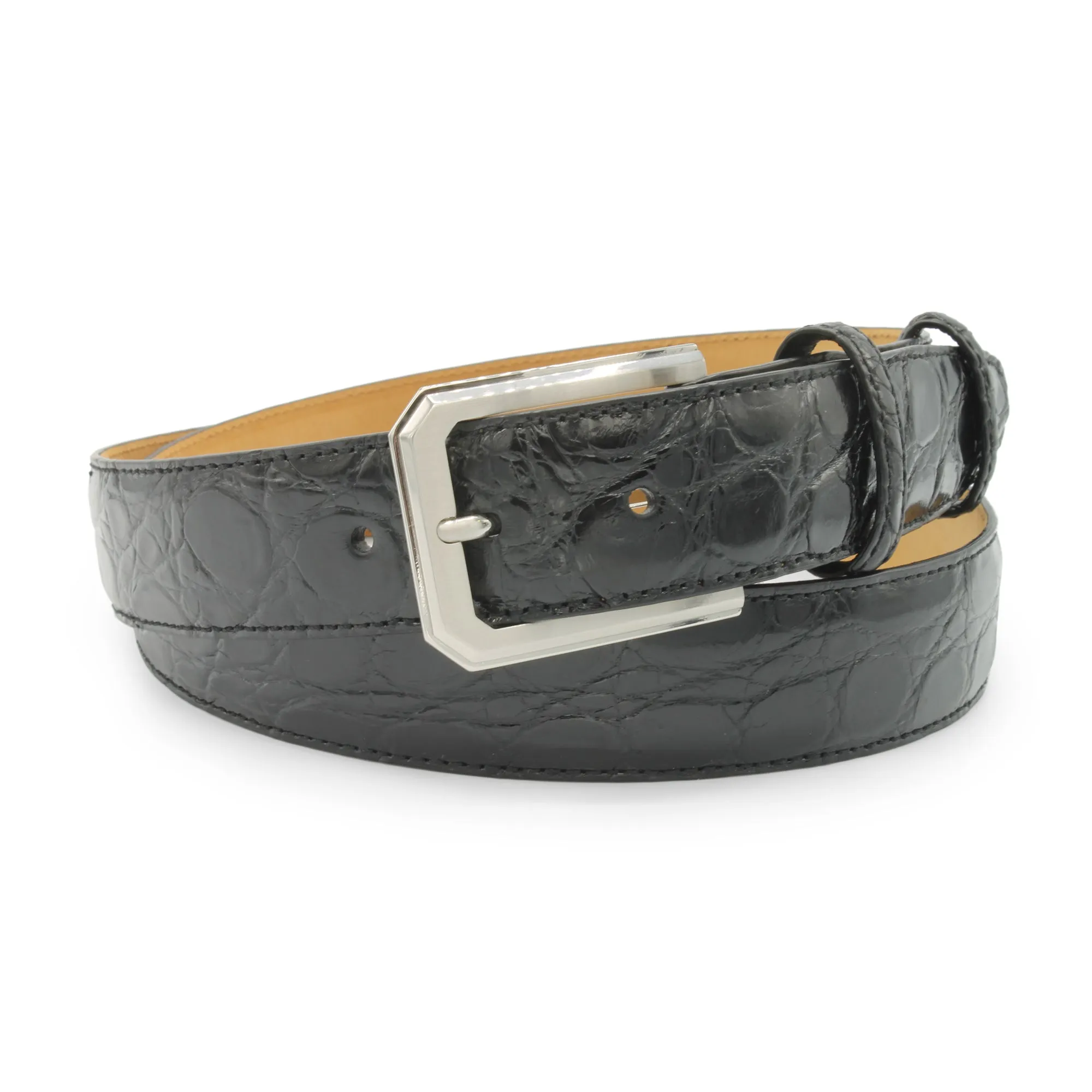Glazed Black Genuine Crocodile Flank Belt