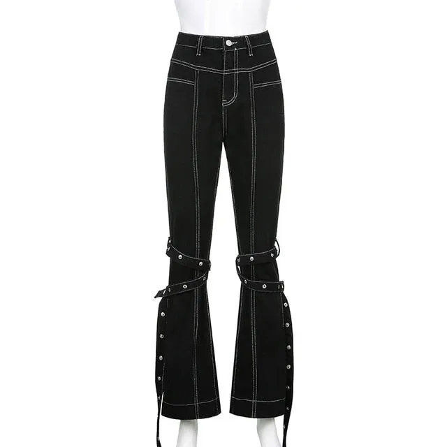Grunge Black Jeans Wide Leg Women Pants High Waist Rivet Trousers