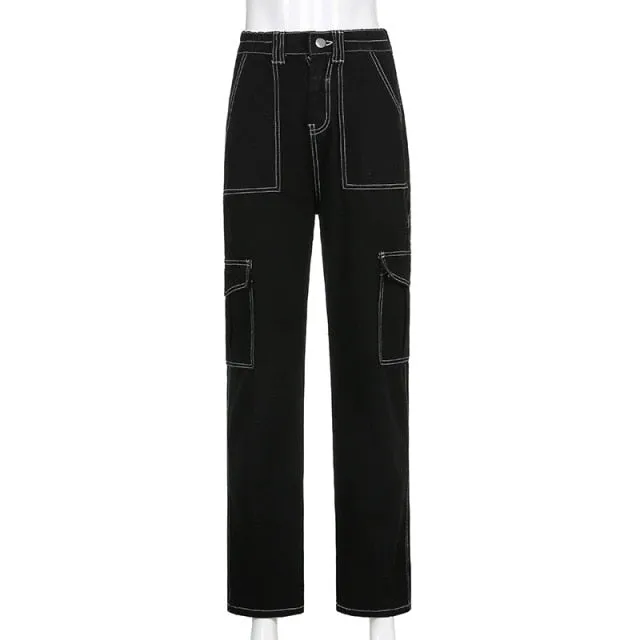 Grunge Black Jeans Wide Leg Women Pants High Waist Rivet Trousers