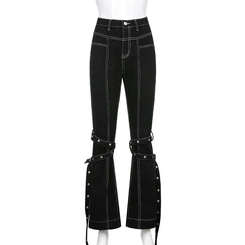 Grunge Black Jeans Wide Leg Women Pants High Waist Rivet Trousers