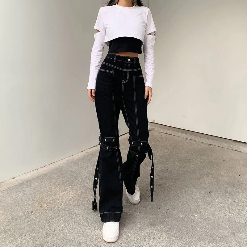 Grunge Black Jeans Wide Leg Women Pants High Waist Rivet Trousers