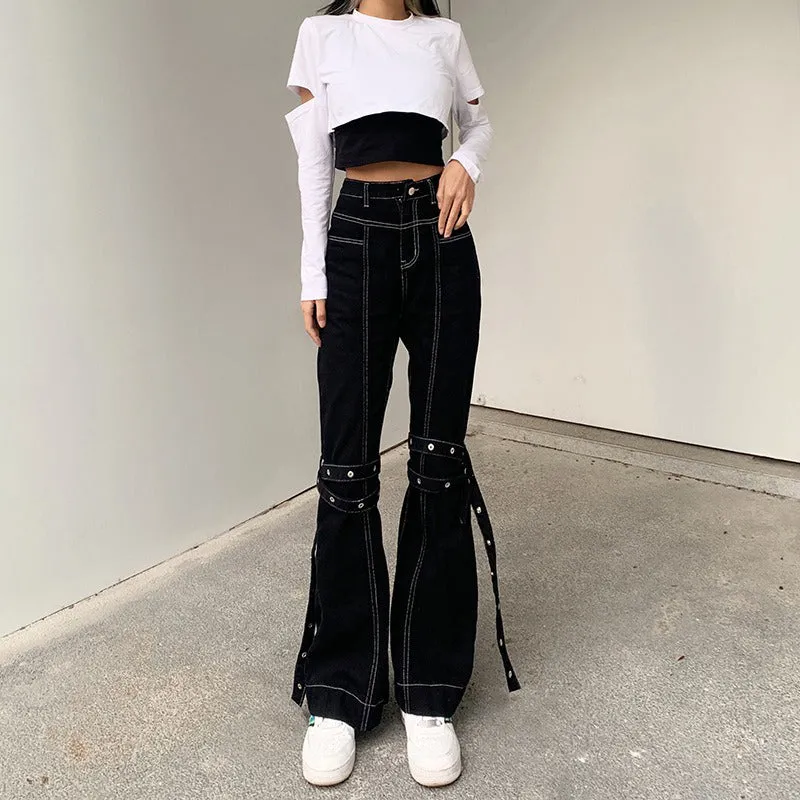 Grunge Black Jeans Wide Leg Women Pants High Waist Rivet Trousers