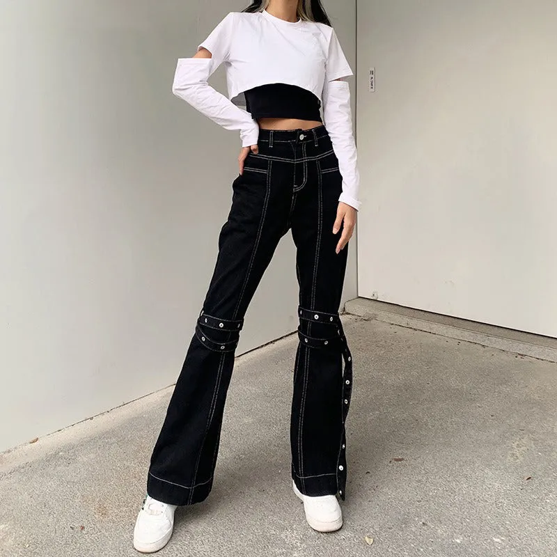 Grunge Black Jeans Wide Leg Women Pants High Waist Rivet Trousers