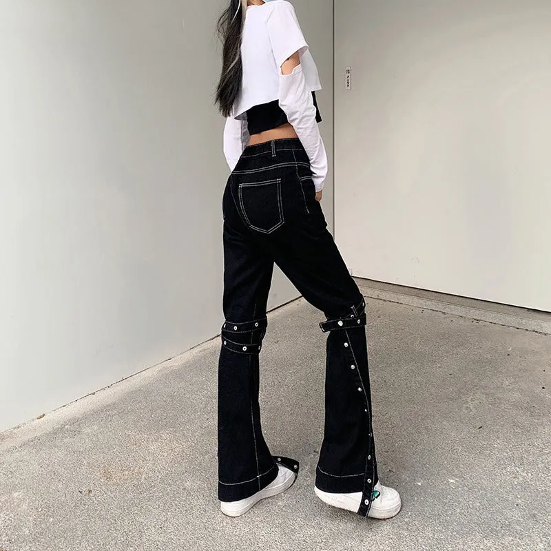 Grunge Black Jeans Wide Leg Women Pants High Waist Rivet Trousers