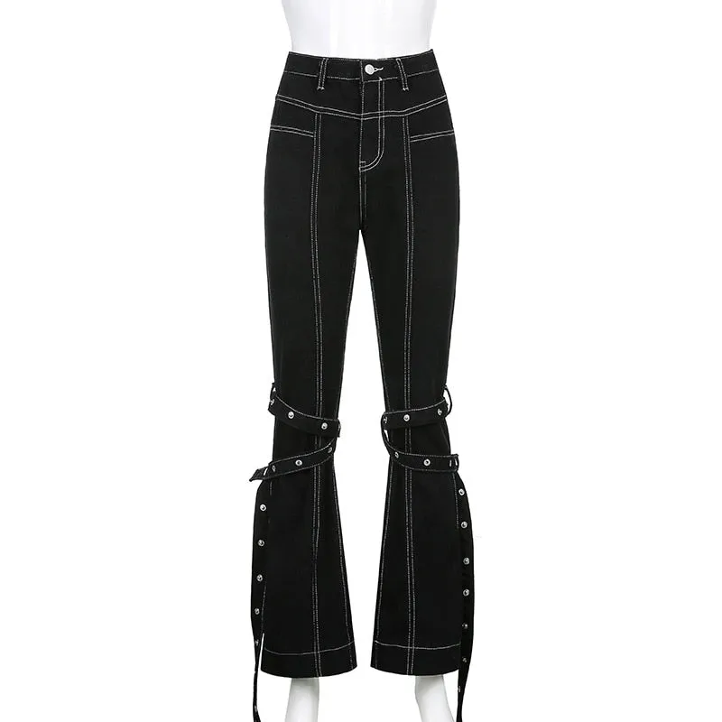 Grunge Black Jeans Wide Leg Women Pants High Waist Rivet Trousers