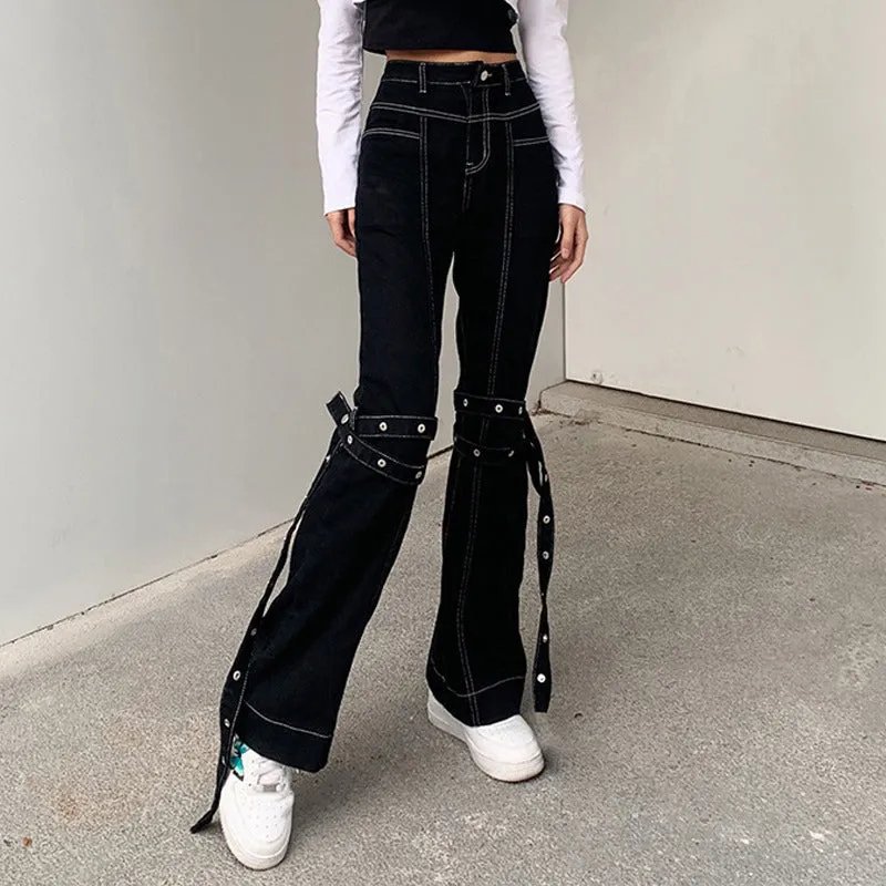 Grunge Black Jeans Wide Leg Women Pants High Waist Rivet Trousers