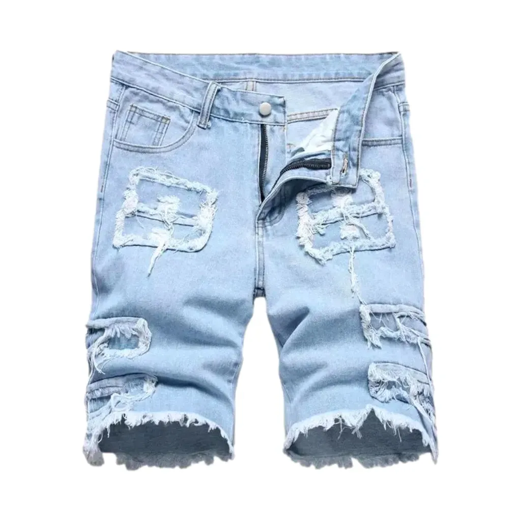 Grunge street style raw hem men's denim shorts
