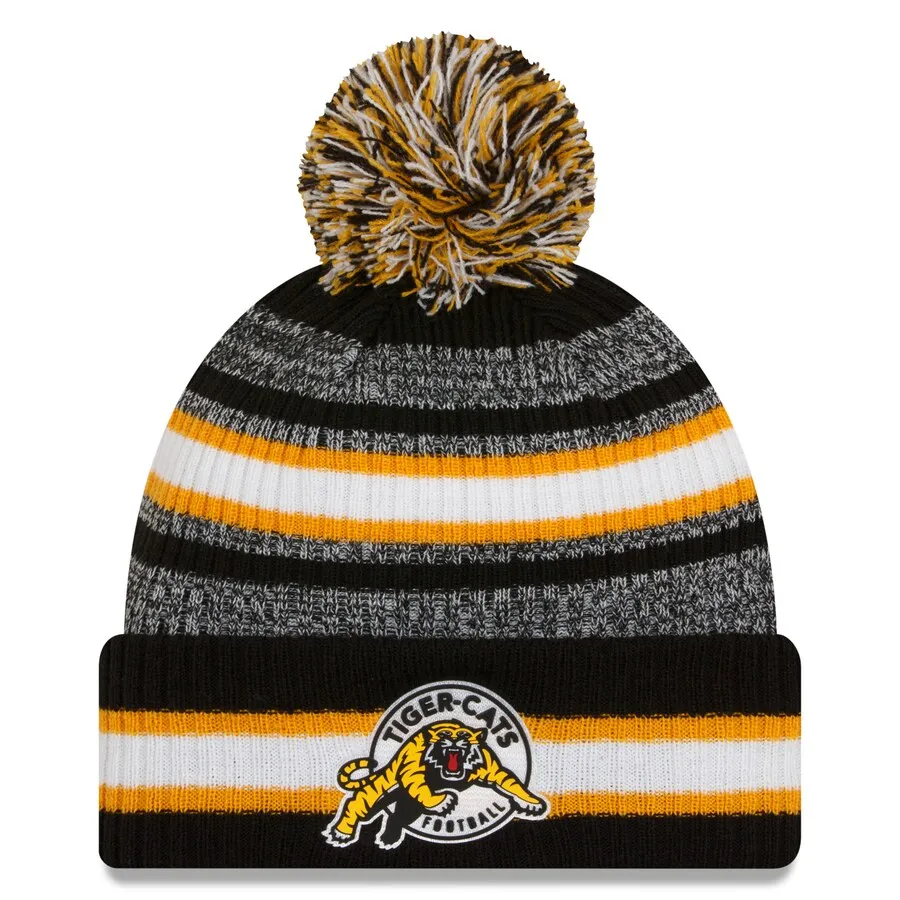 Hamilton Tiger-Cats CFL Football New Era Sideline 6 Dart Cuffed Knit Hat with Pom - Black