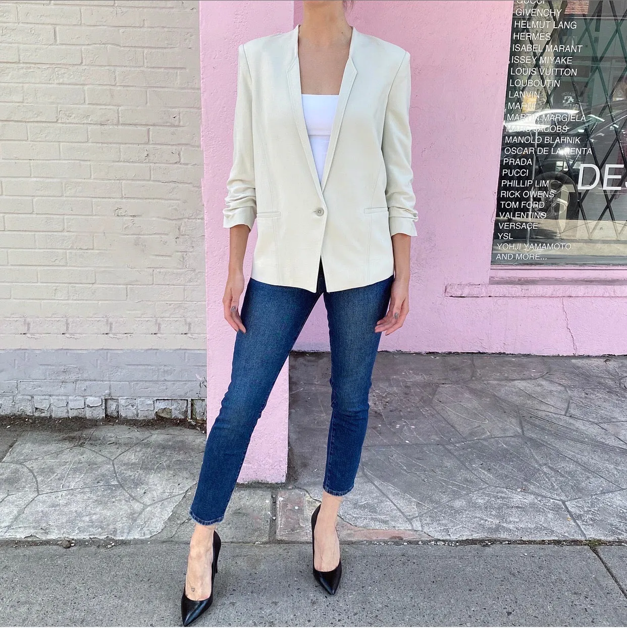 Helmut Lang Bone Grey Blazer with Gathered Sleeves - 2 / 4