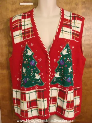 Holiday Sweater Vest with White Doves in Trees