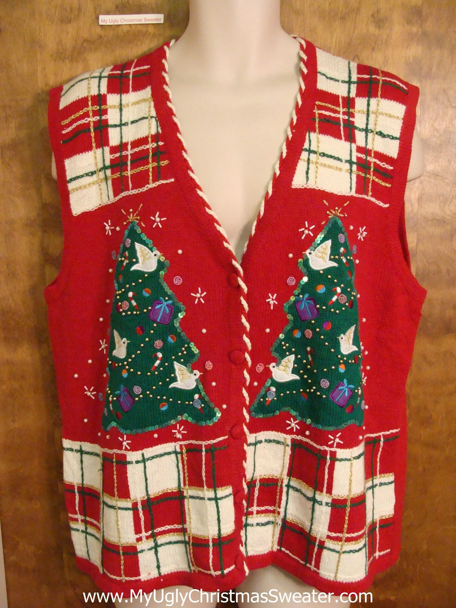 Holiday Sweater Vest with White Doves in Trees