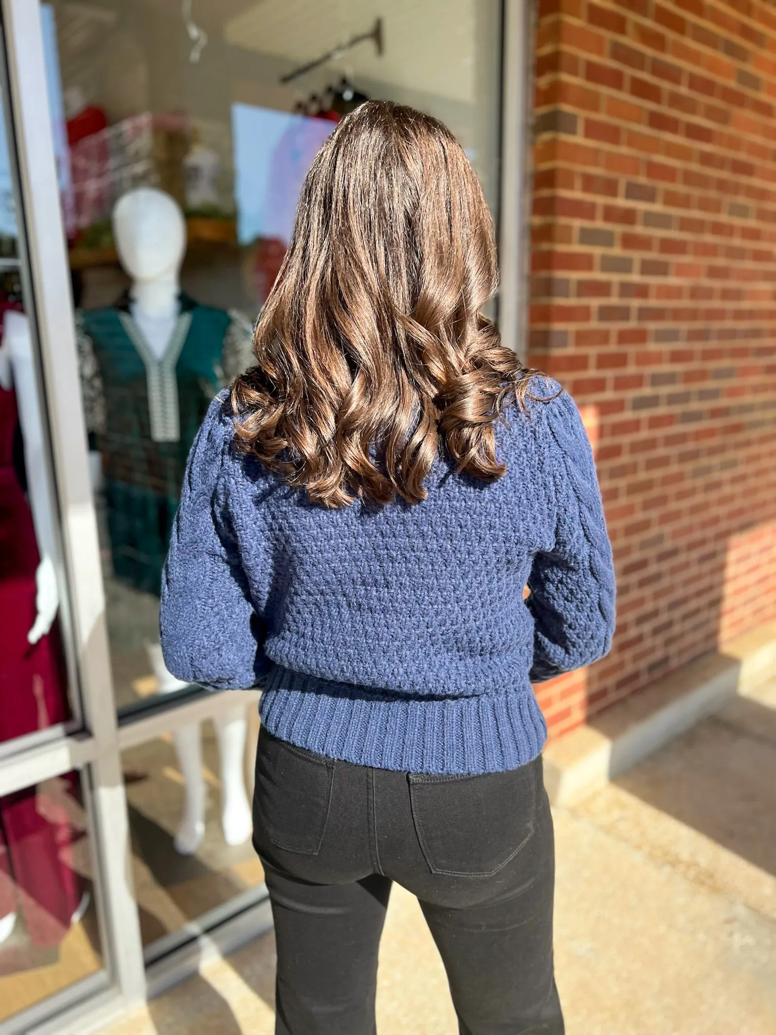 I'll Show You Navy Puff Shoulder Cable Knit Sweater with Mock Neck