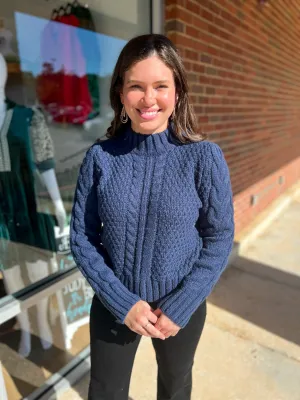 I'll Show You Navy Puff Shoulder Cable Knit Sweater with Mock Neck