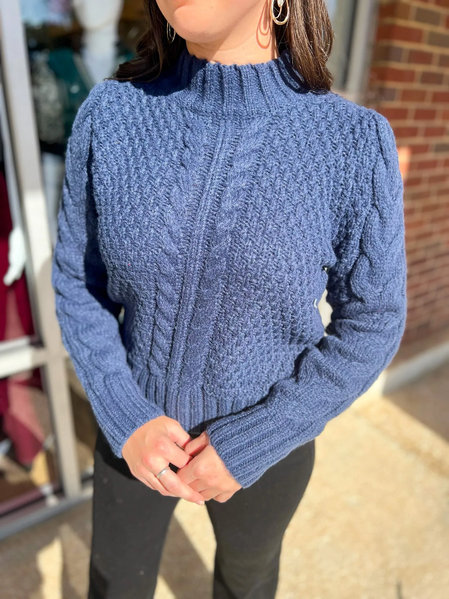 I'll Show You Navy Puff Shoulder Cable Knit Sweater with Mock Neck