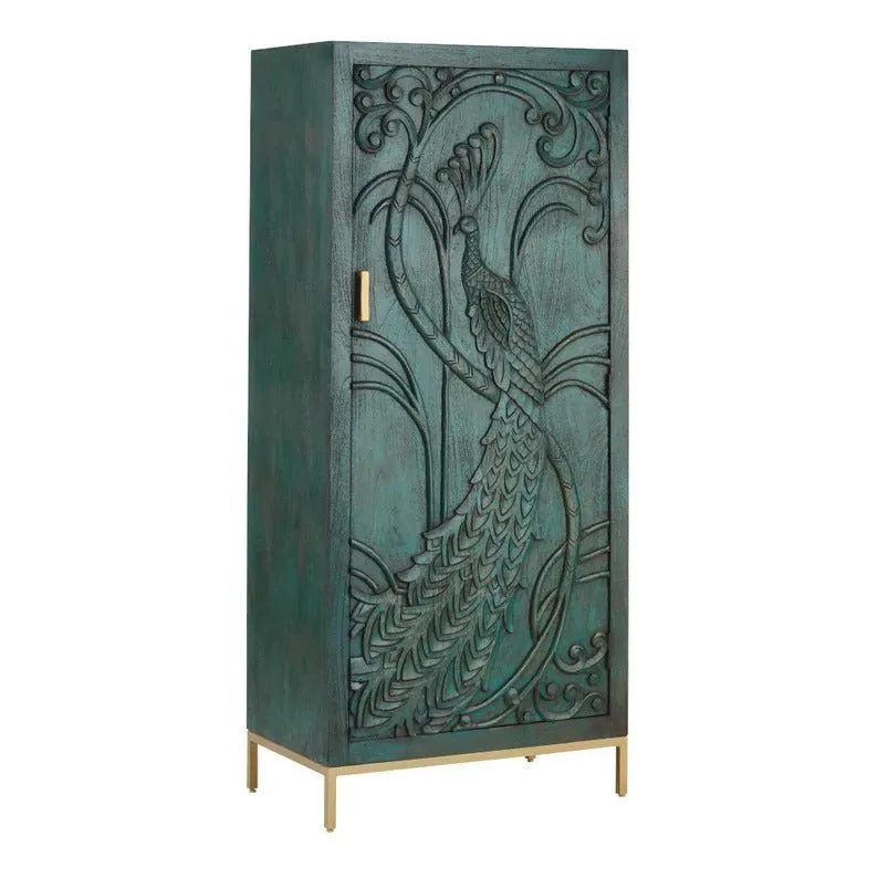 Indian Design Hand Carved Wood Peacock Armoire Wardrobe
