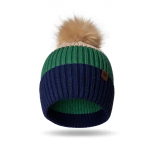 Kids Color Block Pom Hat- Navy