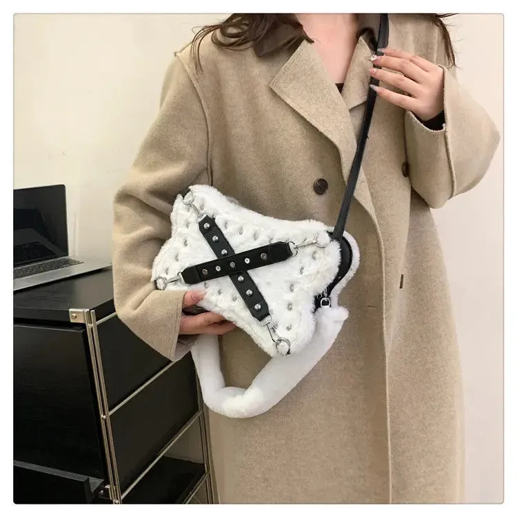 KIylethomasw Gothic Rivet Plush Shoulder Bag Women Y2k Grunge Winter Subculture Messenger Bag Purse Ladies Harajuku Aesthetic Handbag