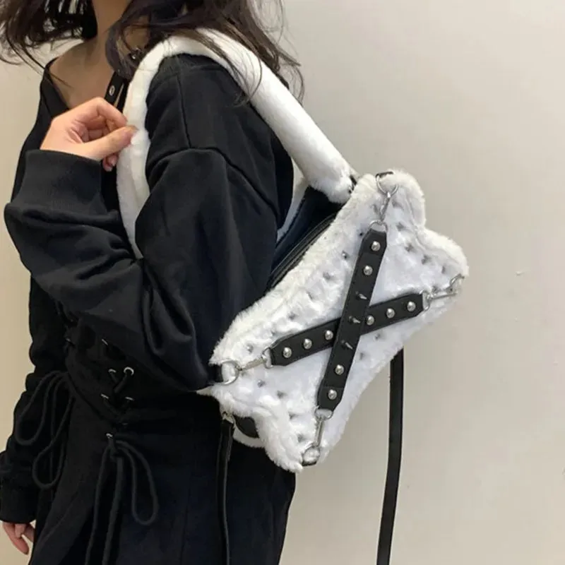 KIylethomasw Gothic Rivet Plush Shoulder Bag Women Y2k Grunge Winter Subculture Messenger Bag Purse Ladies Harajuku Aesthetic Handbag