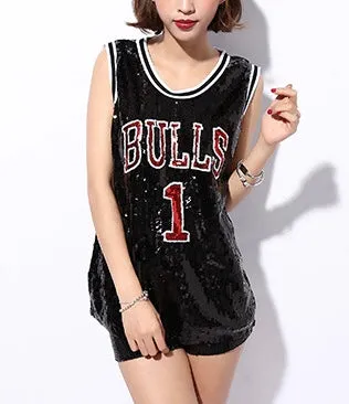 Ladies Glam sequins bulls tank top custom throwback