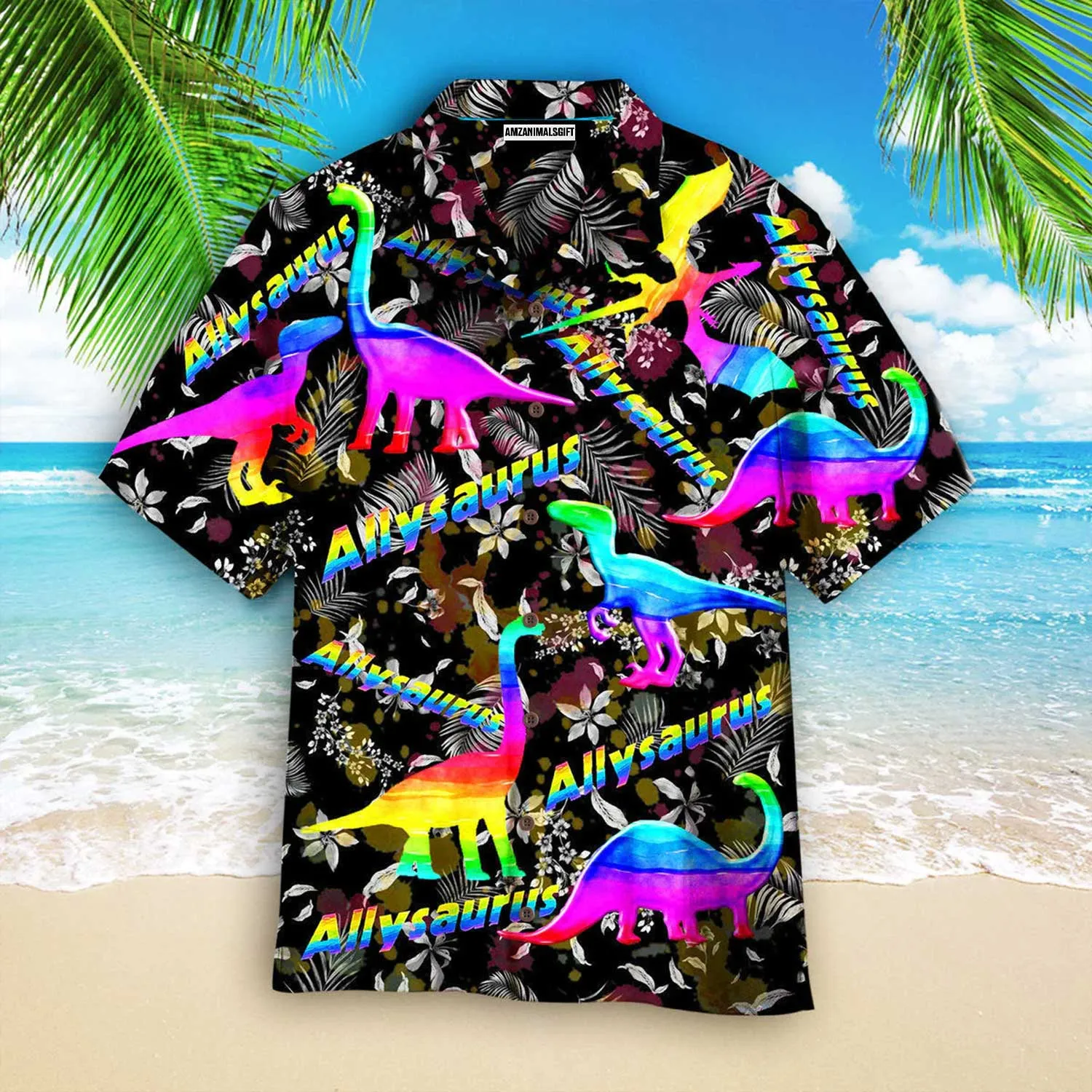 LGBT Aloha Hawaiian Shirts For Summer, Allysaurus Pride LGBT Ally Dinosaur Aloha Hawaiian Shirts For Men Women