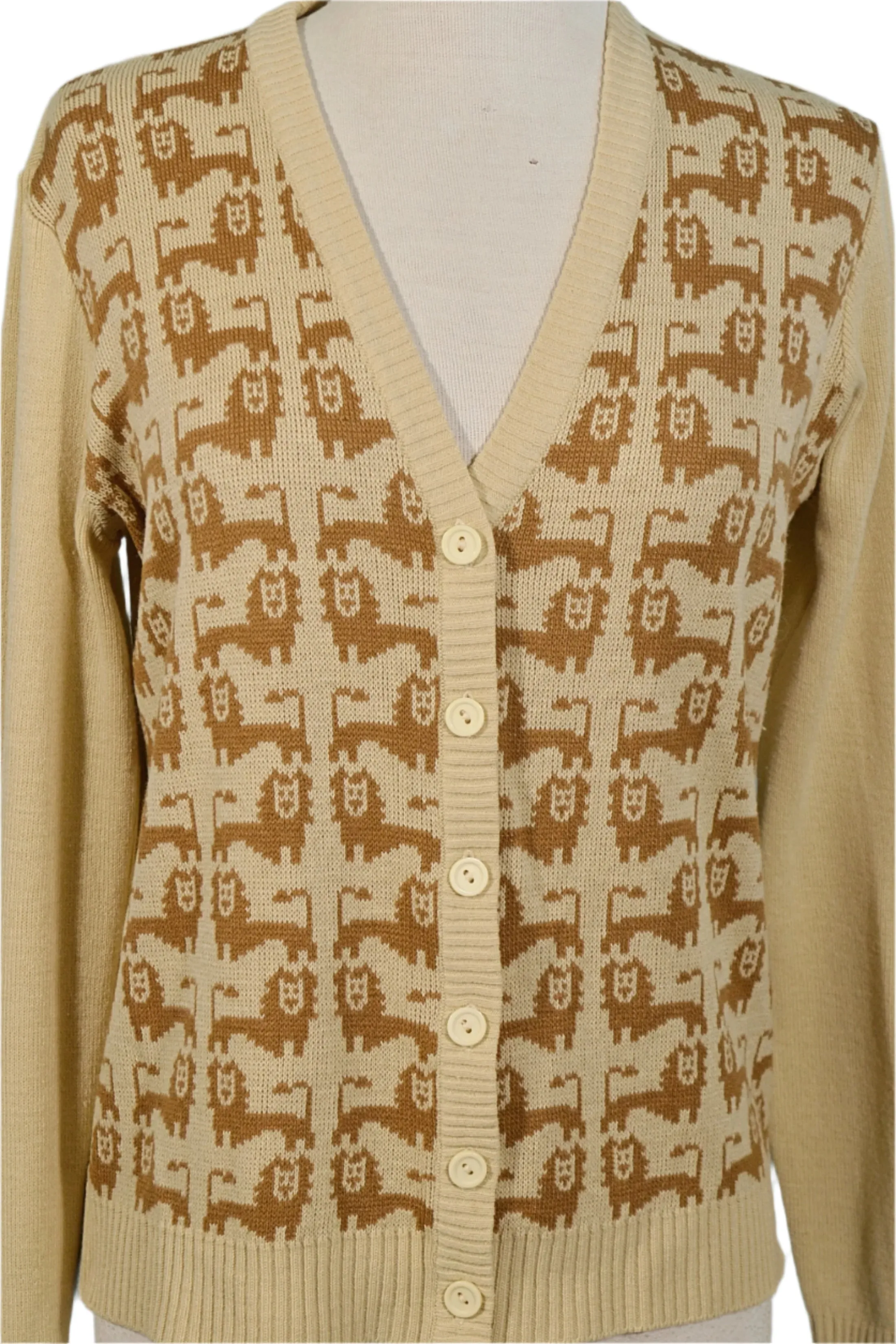 Lion V Neck Cardigan Sweater, Novelty Print