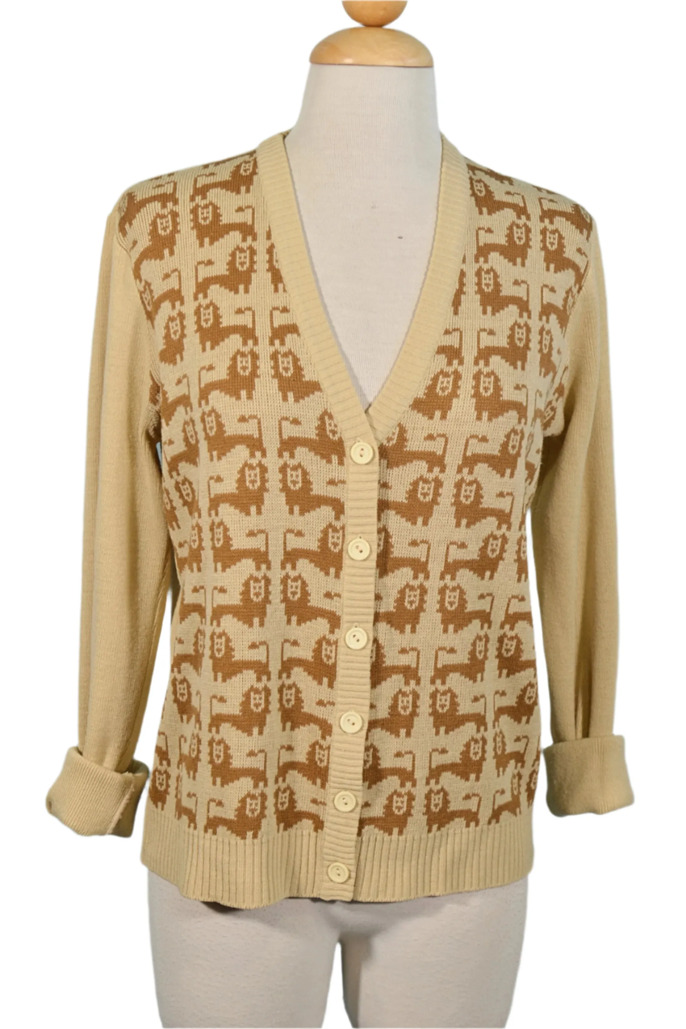 Lion V Neck Cardigan Sweater, Novelty Print