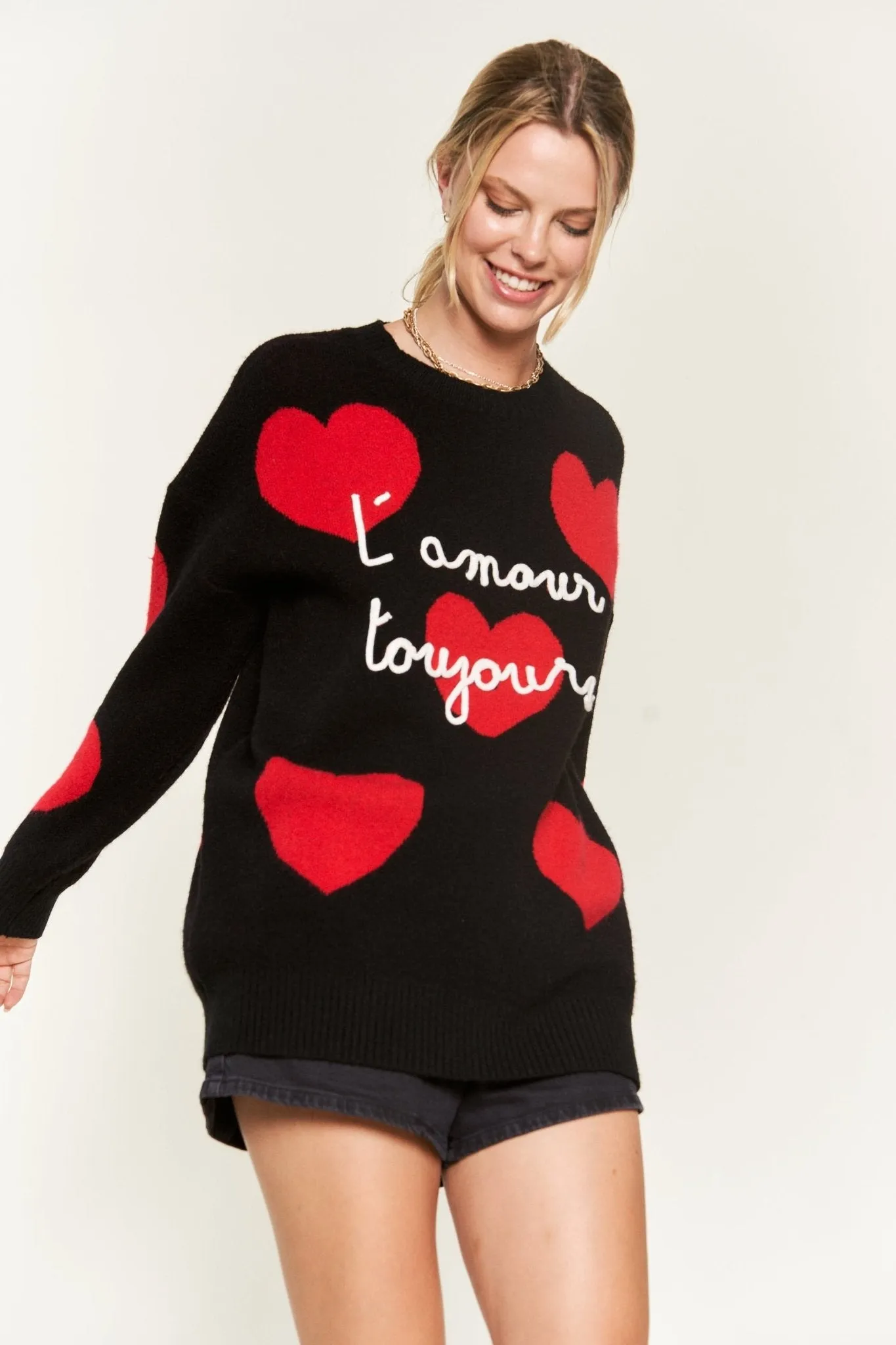 Long Sleeve Oversized Heart Print Sweater