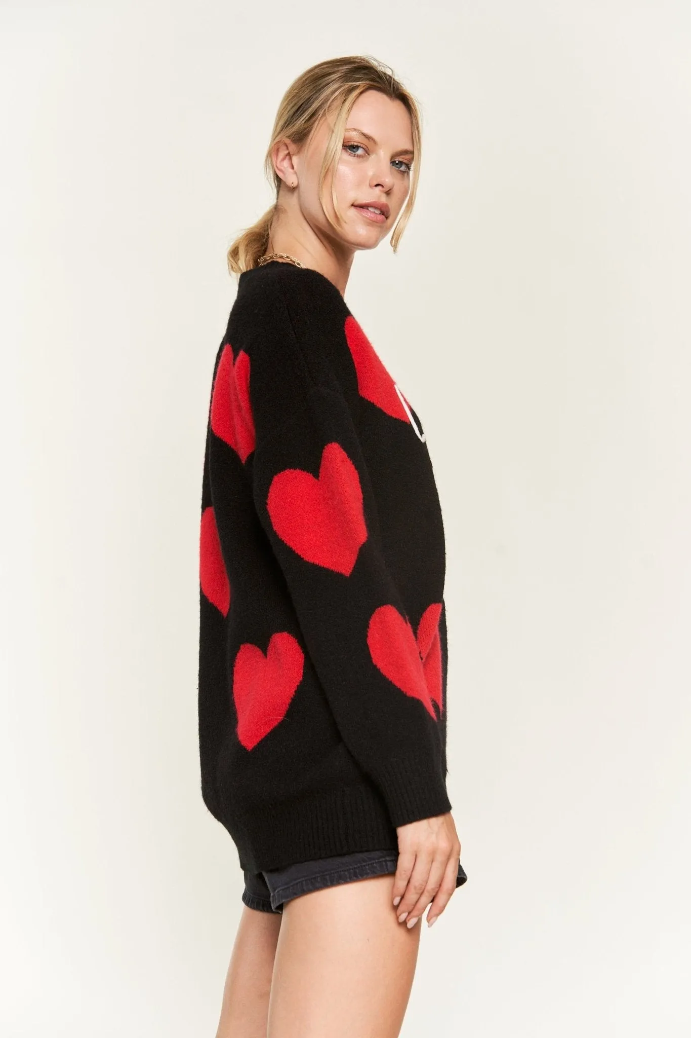 Long Sleeve Oversized Heart Print Sweater