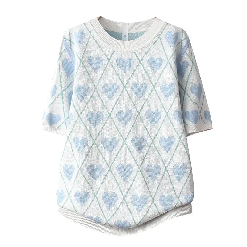 Loose Short Sleeve Round Neck Heart Sweater