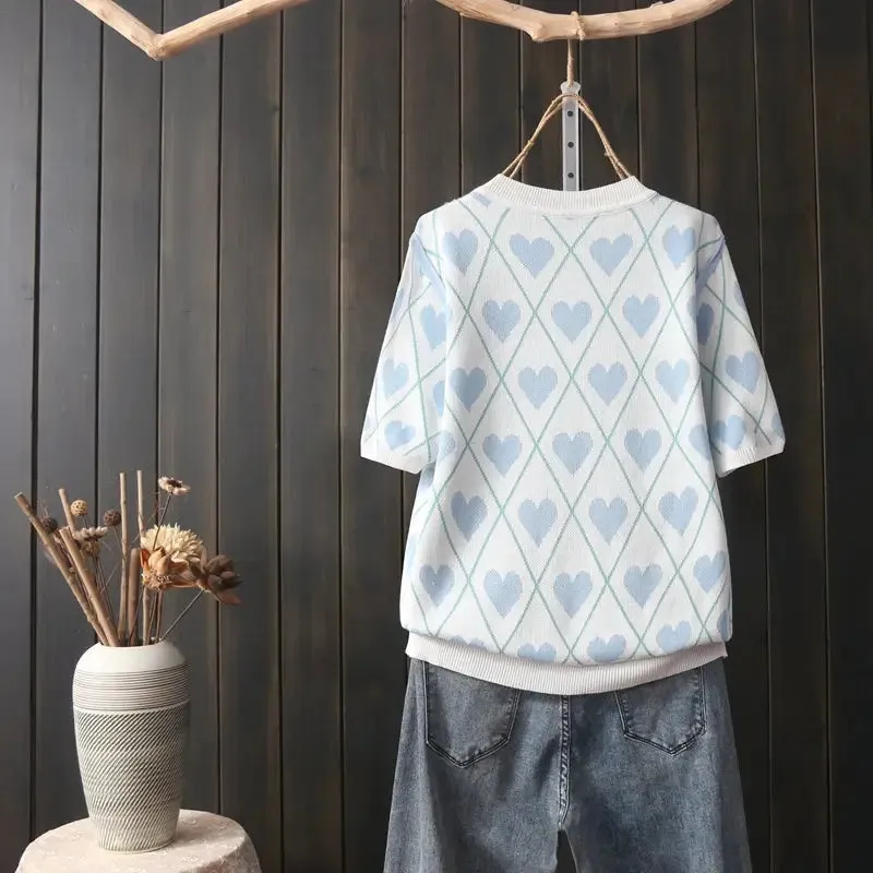Loose Short Sleeve Round Neck Heart Sweater