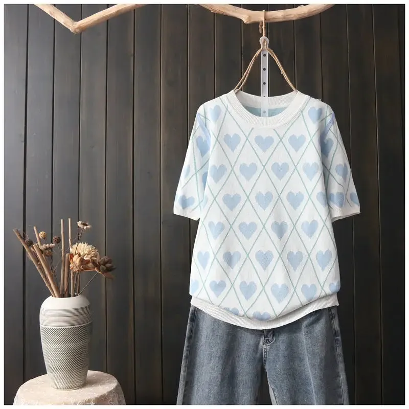 Loose Short Sleeve Round Neck Heart Sweater