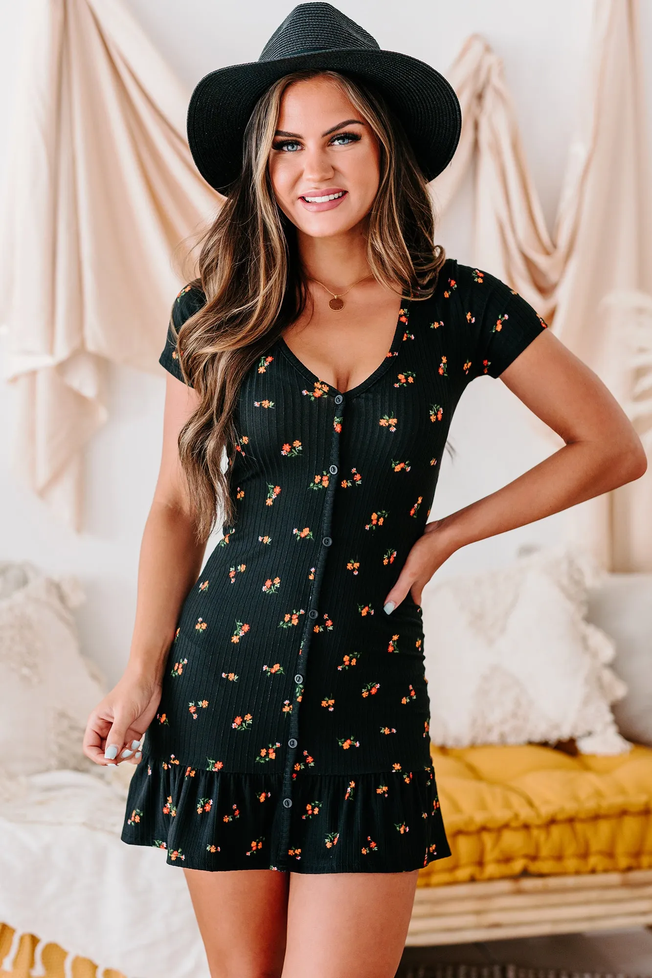 Love Affair Floral Babydoll Dress (Black)