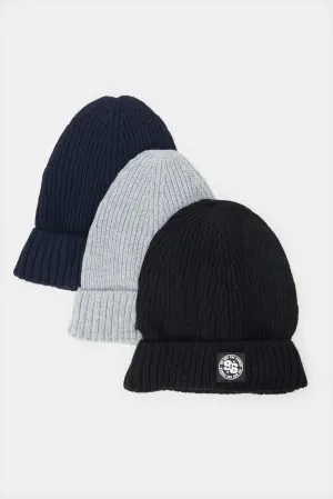 Men Assorted Plain Knitted Cap Set (3 Piece)