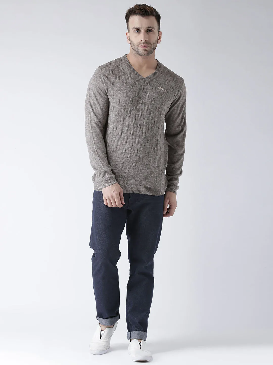 Men Beige self Design Pullover