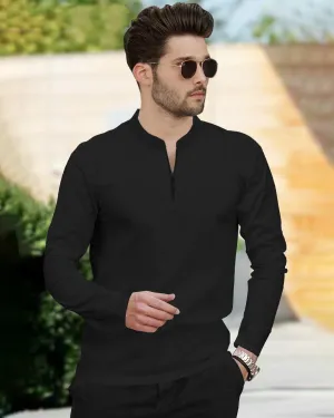 Men Full Sleeve Solid Zip Neck T-Shirt | Black